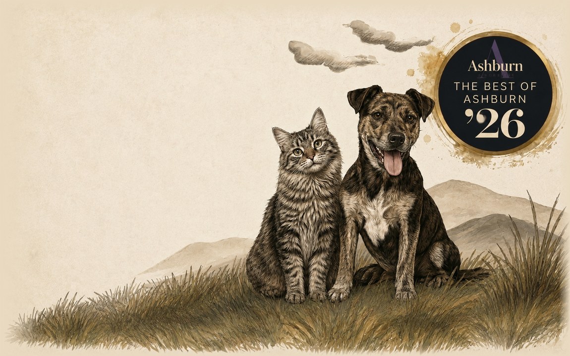 A cat and dog resting in the grass, with DogGone Natural's Best of Ashburn 2026 award from Ashburn Magazine